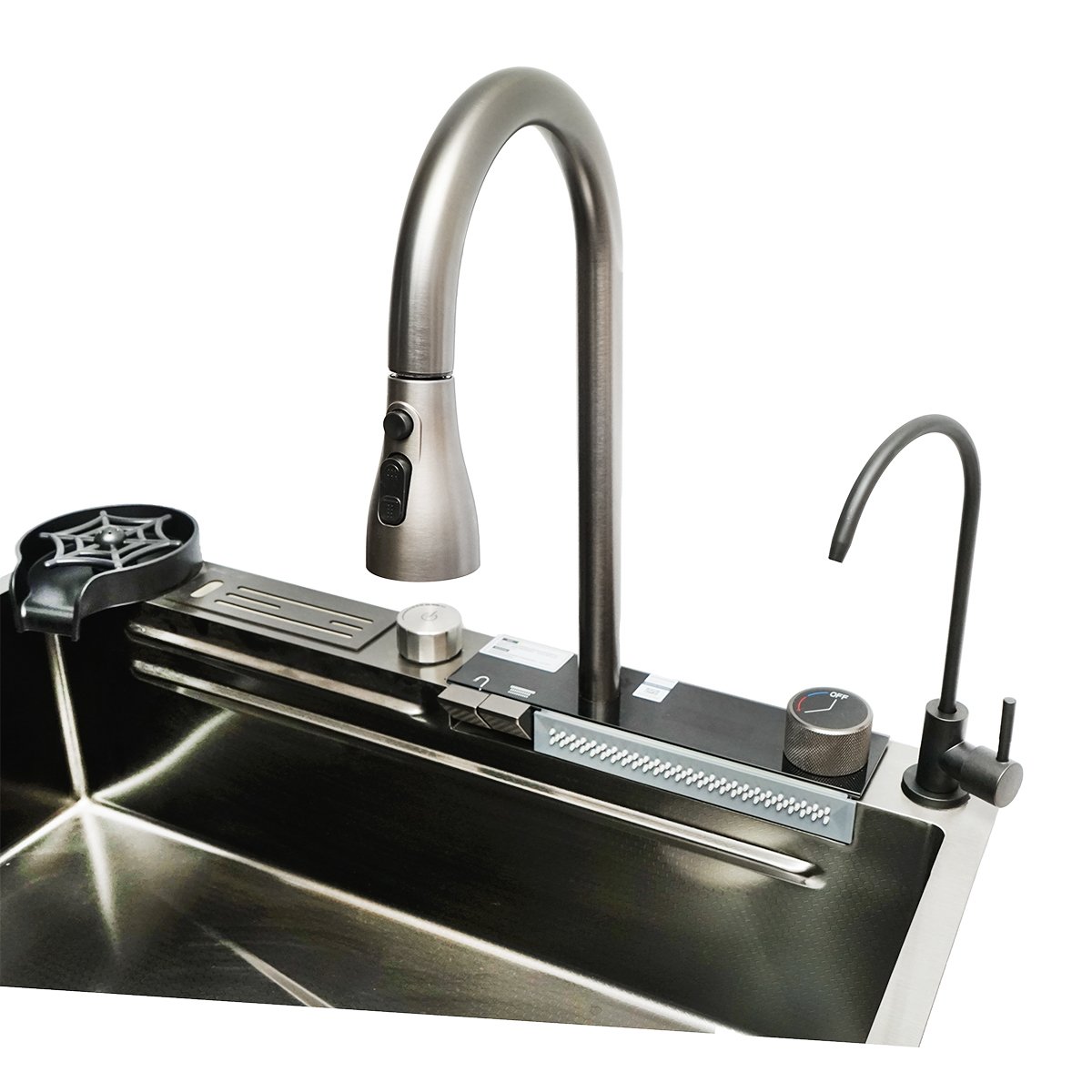 Chiuveta bucatarie multifunctionala cu doua baterii, otel inoxidabil, afisaj digital temperatura, doua cascade, spalator pahare, scurgator, tava, tocator si accesorii scurgere incluse, dimensiune 75x46x23.5cm